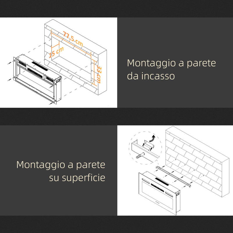 Camino a Bioetanolo da Incasso 90x15x40 cm 2 Bruciatori da 0,85L in Acciaio Inox Nero 