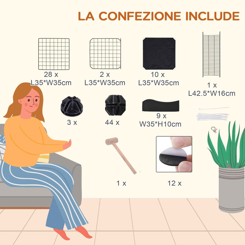 Recinto per Gatti e Roditori di Taglia Media 105x70x116 cm Modulabile e Multilivello in Acciaio e PP Nero  