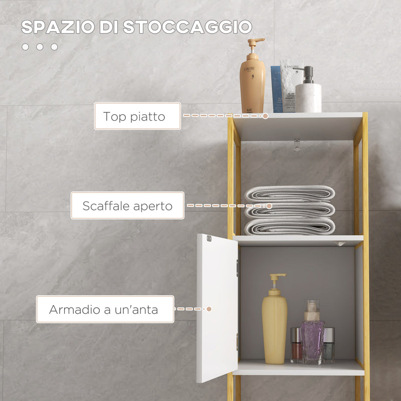 Mobile Bagno con Ripiano Aperto e Anta con Apertura a Pressione 33x33x80 cm in Bambù e MDF Bianco
