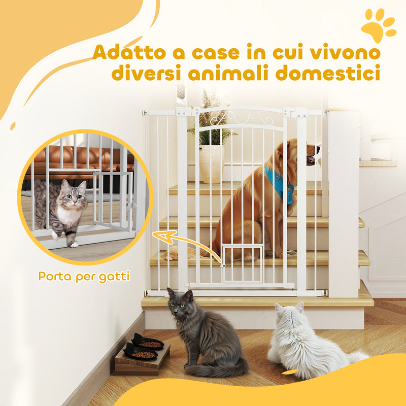 Cancelletto di Sicurezza con Estensioni 76-104 cm e Porta per Gatti Bianco   