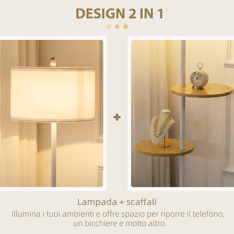 Lampada da Terra a Piantana Ø40x163 cm con 2 Mensole e Paralume in Tessuto Bianco