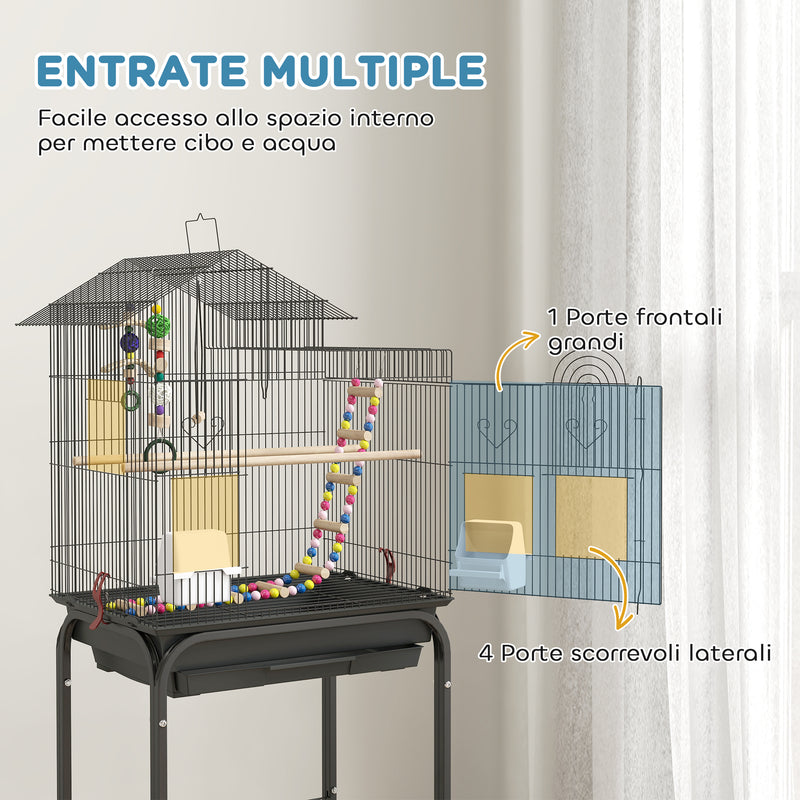 Gabbia per Uccelli con Piedistallo 46x36x120 cm Ruote Girevoli Ripiano e Accessori Nero   