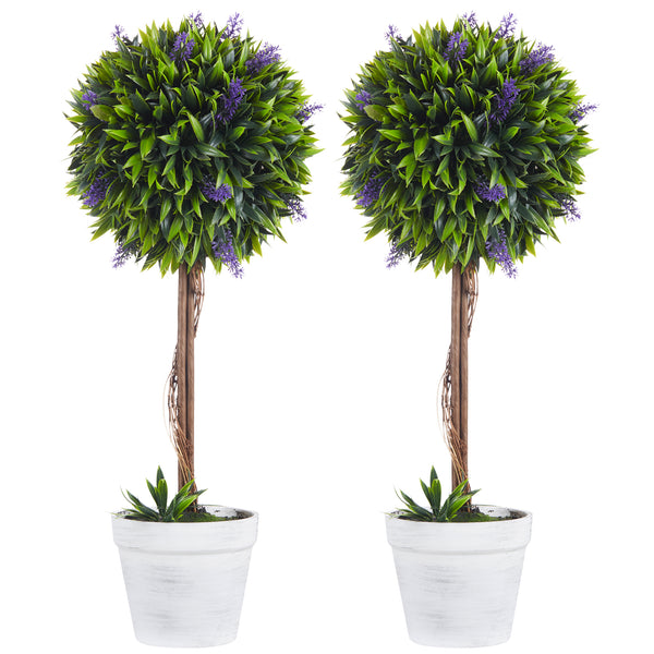 acquista Set 2 Piante Artificiali Ø24x60 cm Verdi a Sfera con Fiori di Lavanda e Vaso con Muschio e Cemento