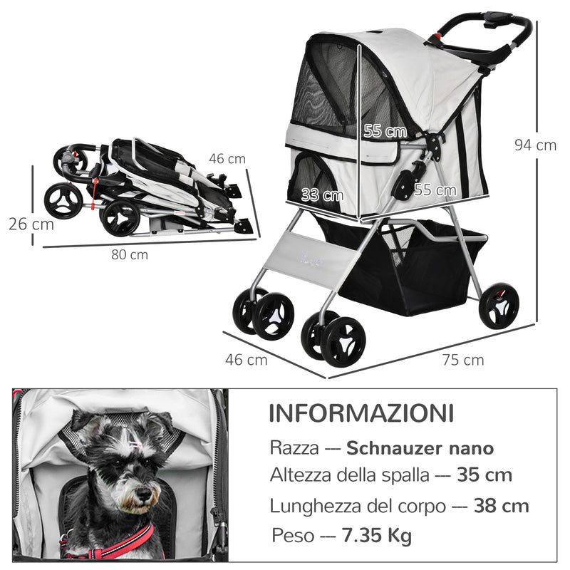 Passeggino per Cani Pieghevole con 3 Reti e Cerniera 75x46x94 cm in Ferro e Tessuto Oxford Grigio