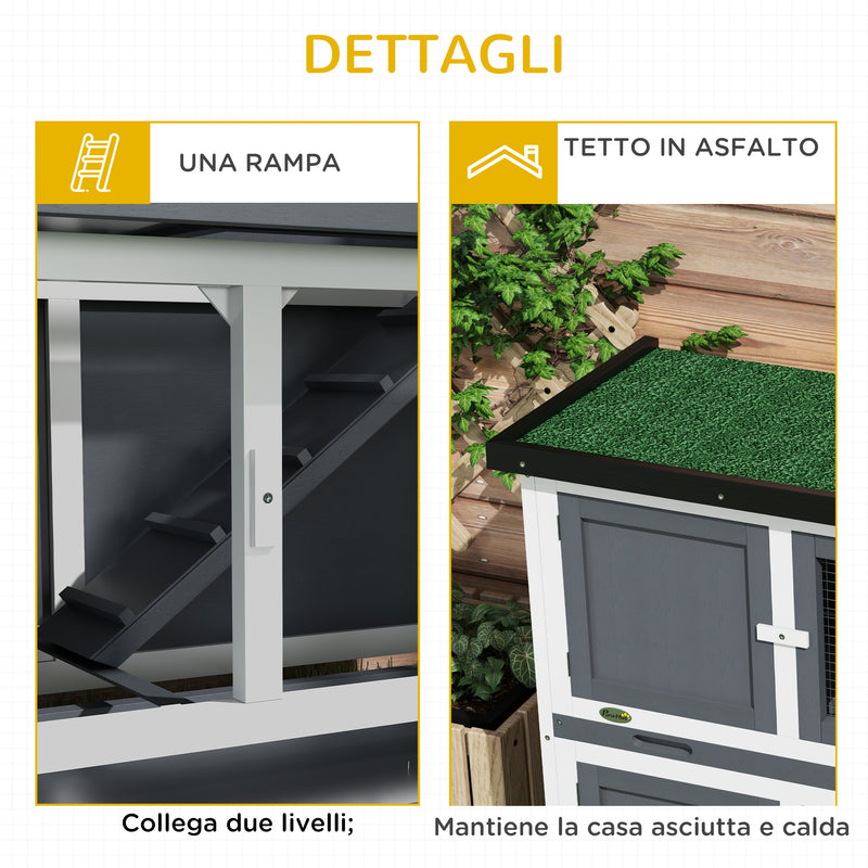 Conigliera a 2 Livelli con Rampa e 2 Vassoi Estraibili 97x44x91 cm in Legno di Abete e Bitume Grigio   