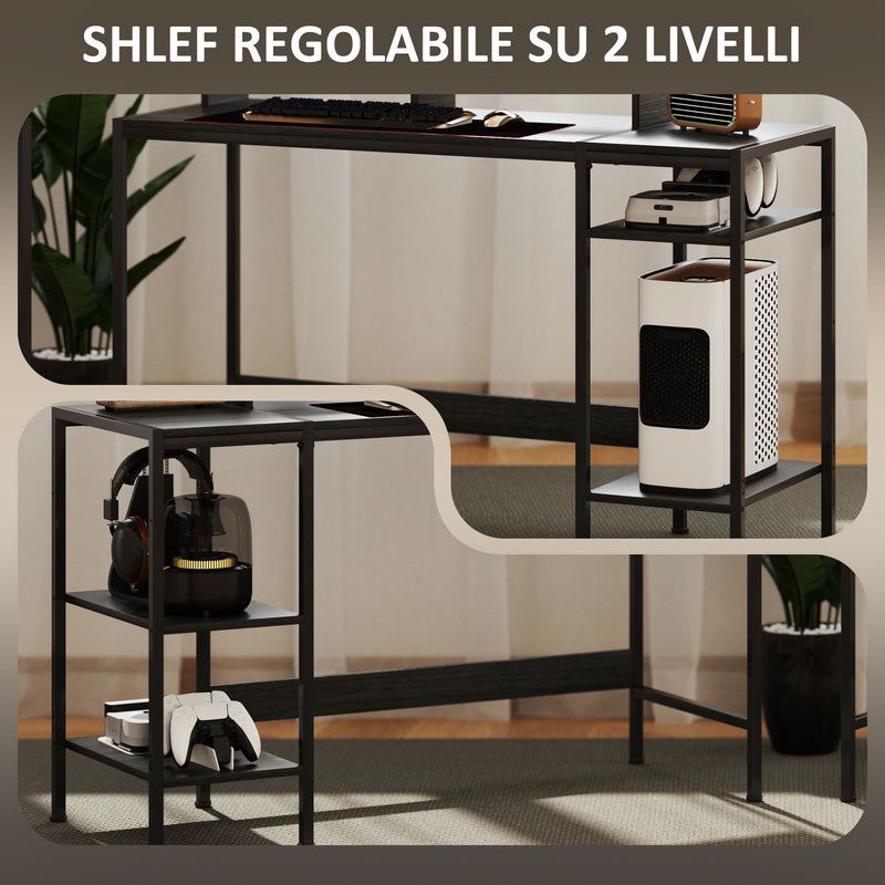 Scrivania Moderna con Supporto per Monitor e Ripiani a Giorno Regolabili 120x48x85,5 cm in Legno e Acciaio Nero 