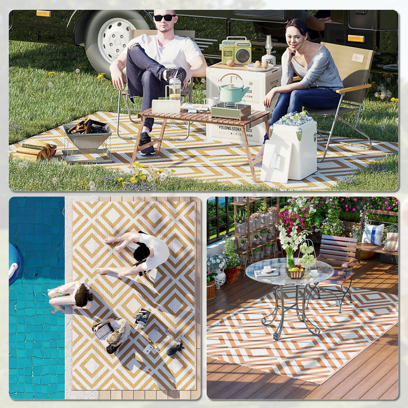 Tappeto da Esterno Reversibile 182x274 cm con Fantasia Geometrica Marrone e Bianco   