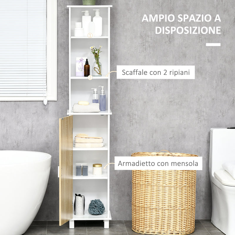 Colonna Bagno Salvaspazio 33,5x29x169 cm 3 Vani Aperti e Armadietto in Legno Bianco e Marrone Chiaro