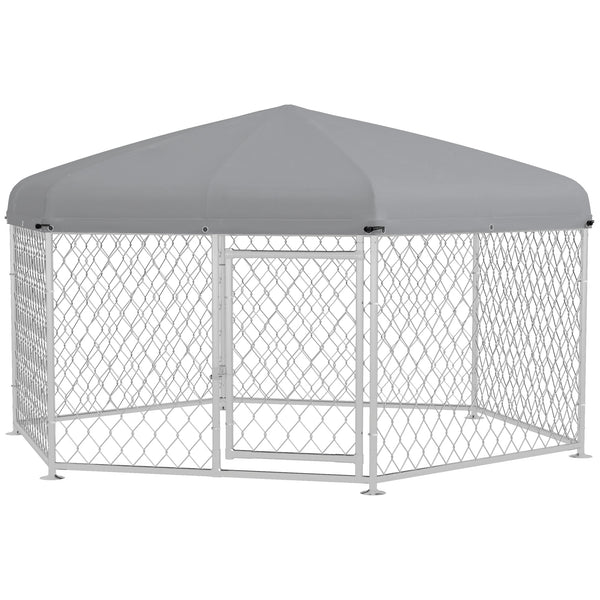 acquista Recinto per Cani Taglia Grande 2,1x1,85x1,5m Tetto in Tessuto Oxford Anti UV Argento e Grigio