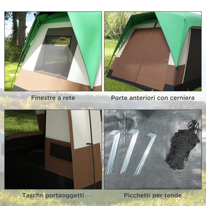 Tenda da Campeggio 4 Posti a Tunnel Impermeabile con Finestre a Rete 490x305x225 cm in Poliestere Verde