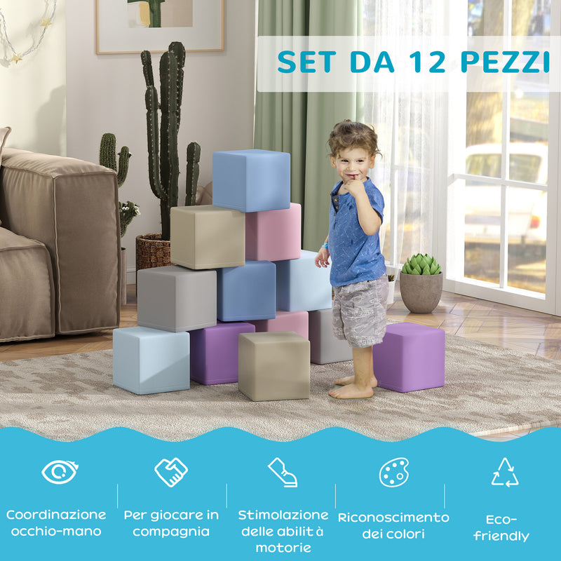 Set 12 Cubi Morbidi per Bambini 20x20x20cm in PU ed EPE Multicolore Chiaro  
