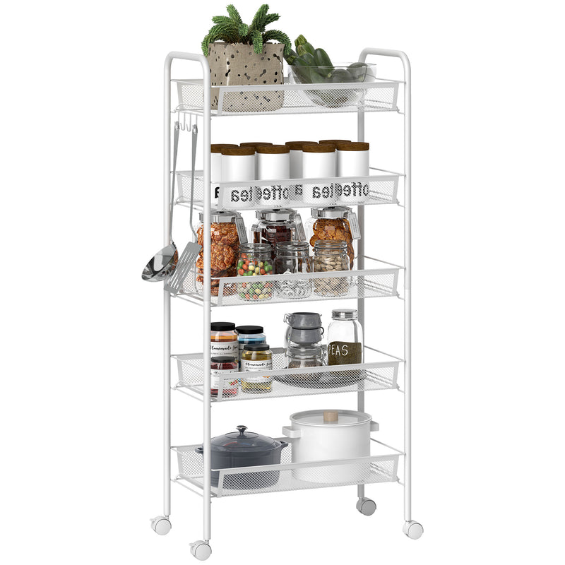 Carrello da Cucina Salvaspazio 5 Livelli con Cestini a Rete in Acciaio 45x26,5x106 cm Bianco 