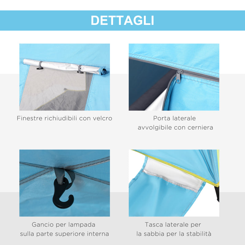 Tenda da Spiaggia Pop Up 220x173x120 cm con Porta a Cerniera in Poliestere e Fibra di Vetro Blu Chiaro e Giallo  