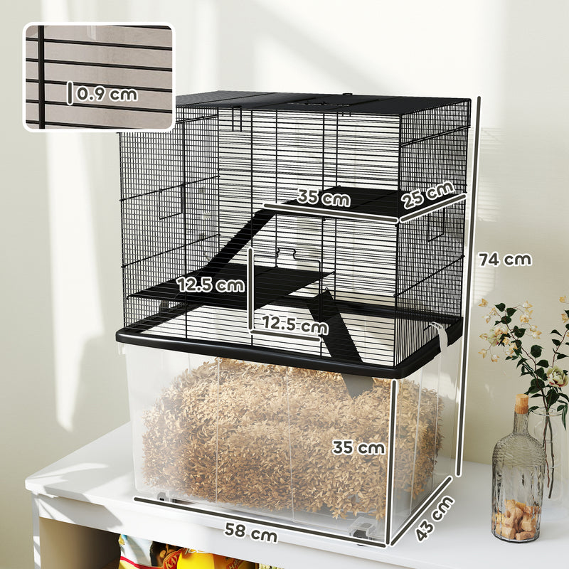 Gabbia per Criceti a 3 Piani 58x43x74 cm con Rampe e Accessori Nero   
