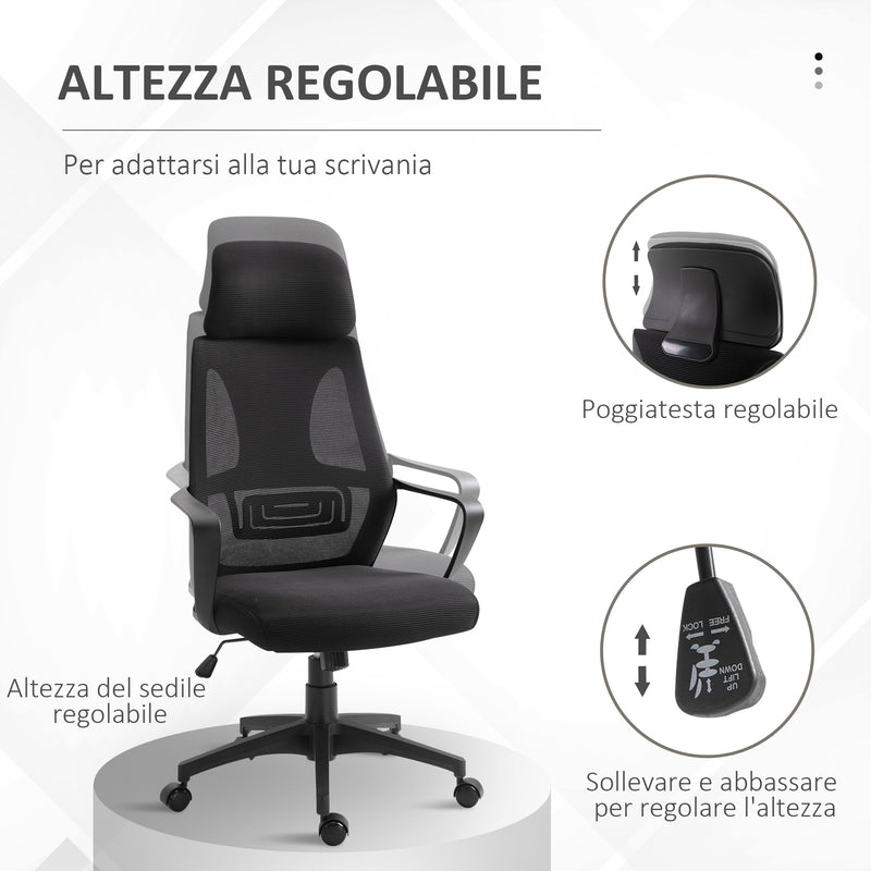 Sedia Operativa da Ufficio Reclinabile con Poggiatesta e Supporto Lombare 64x55x116-126 cm Nero 