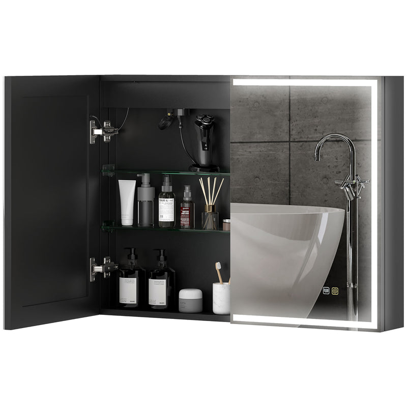 Armadietto a Specchio da Bagno 80x12,8x60 cm Illuminato a LED 3 Tonalità in Vetro e Alluminio Nero  
