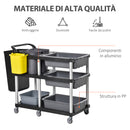 Carrello Pulizie Professionale 3 Livelli 110x50x92 cm in Plastica e Alluminio Grigio