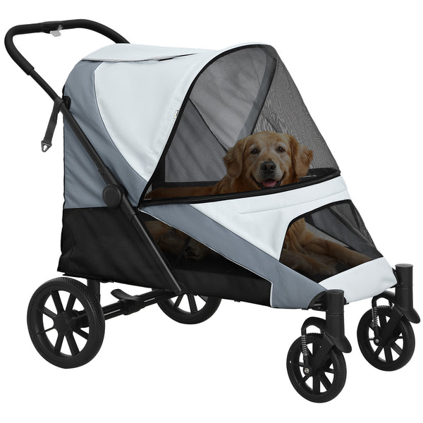 Passeggino per Cani Taglia Grande 124x67x100 cm Pieghevole con Finestre a Rete e Guinzagli Grigio sconto
