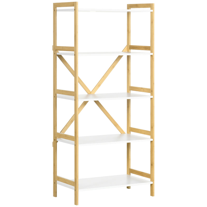 Scaffalatura a 5 Piani 70x37,5x150 cm in Bamboo e MDF Bianco