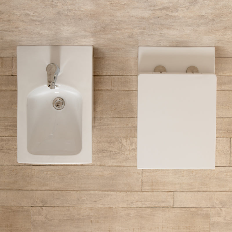 Coppia di Sanitari WC e Bidet  a Terra Filo Muro in Ceramica Bianchi-2