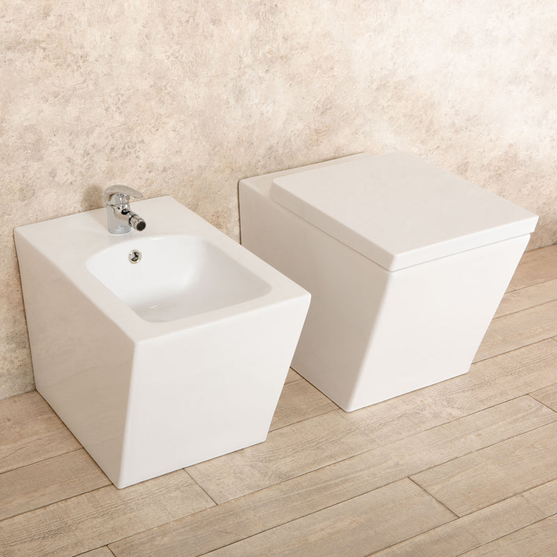 Coppia di Sanitari WC e Bidet  a Terra Filo Muro in Ceramica Bianchi-4