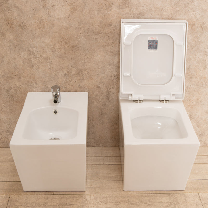 Coppia di Sanitari WC e Bidet  a Terra Filo Muro in Ceramica Bianchi-7