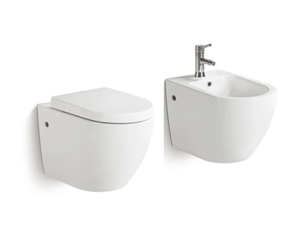 Paar hängende Sanitärkeramik WC und Bidet aus Keramik 36x55x33 cm Vorich Vortix Weiß sconto