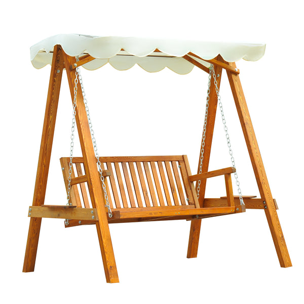 2-Sitzer-Gartenschaukel aus Kiefernholz mit weißem Sonnendach acquista