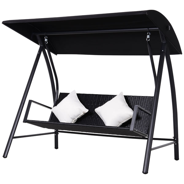 3-Sitzer-Gartenschaukel aus Eisen und synthetischem Rattan mit Kissen und schwarzem Sonnendach prezzo