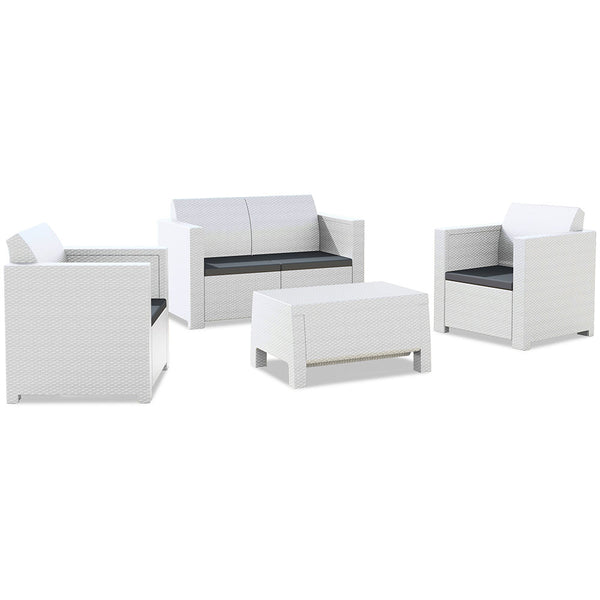 Wohnzimmer-Sofagarnitur mit Sesseln und Couchtisch aus stoßfestem Harz für Gartenmöbel in weißer Farbe acquista