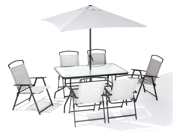 Set aus 6 Stühlen und Sonnenschirm aus Stahl und grauem Textilene sconto