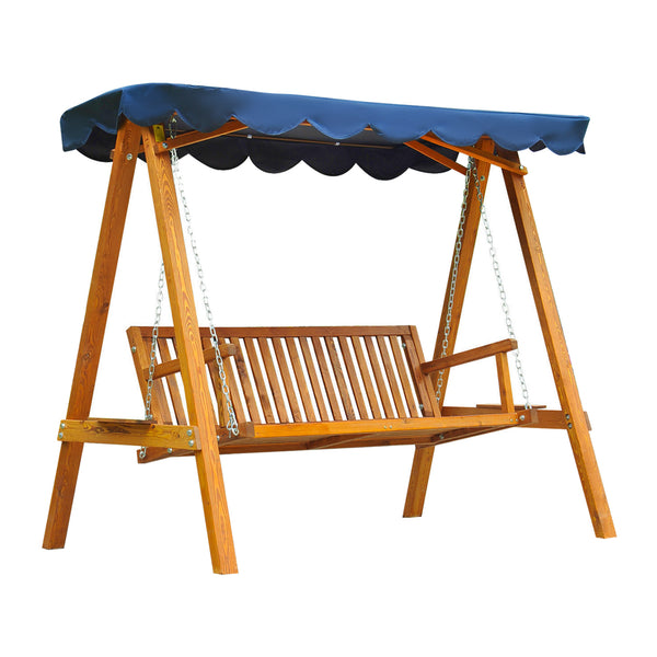 3-Sitzer-Gartenschaukel aus Holz mit blauem Schaukeldach acquista
