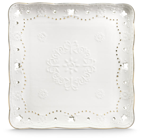 Perforierter quadratischer Teller 25,5 x 25,5 cm aus Kaleidos Porzellan Charme Filo Oro online