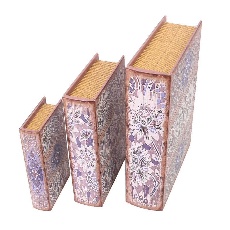 Set 3 Scatole libro in Similpelle grigio fiori rettangolare-2