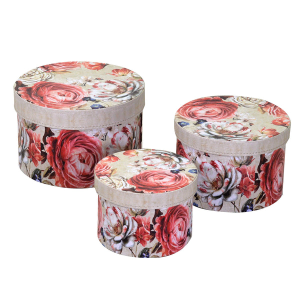 online Set mit 3 Schachteln aus Kunstleder mit runden cremefarbenen Blumen