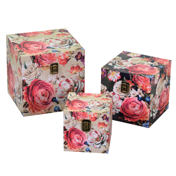 Set mit 3 Schachteln aus Kunstleder mit cremefarbenen Blumen prezzo