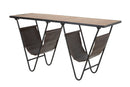 Tavolinetto Porta Giornali "V" 120x43x62,5 cm in Ferro e Legno di Abete e PU Nero e Marrone-2