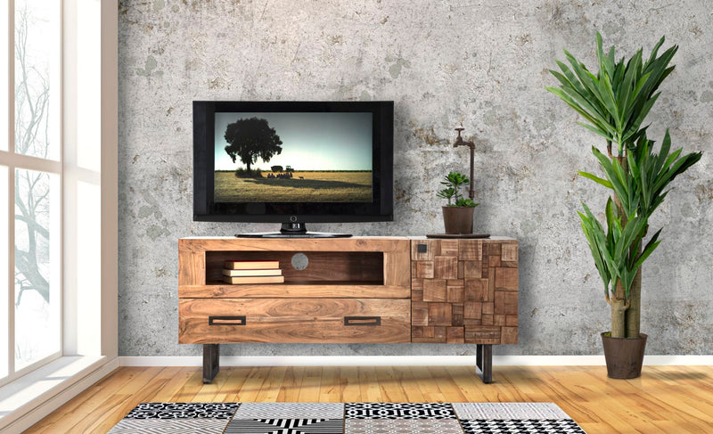 Porta Tv Mumbai 145x40x62 cm in Legno di Acacia e in Ferro Marrone e Nero-9