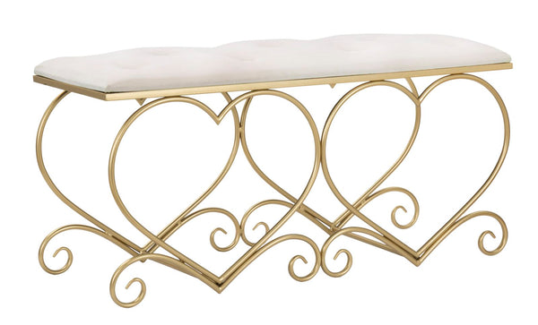 sconto Cremefarbene Herzbank 105x37,5x51,5 cm aus Eisen und MDF und Schwamm und Gold und rosa Polyester