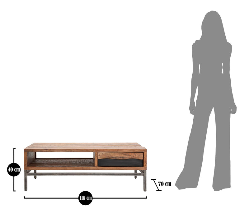 Tavolo da Caffè Yellowstone 118x70x40 cm in Legno di Acacia e Ferro Marrone e Nero-10