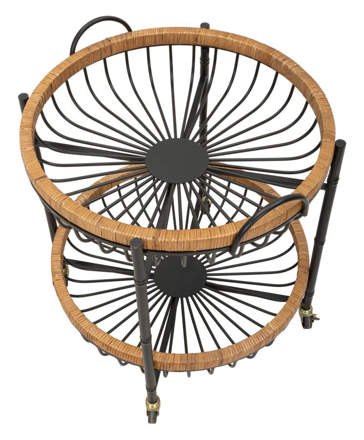Carrello 2 Ripiani 57x55,5x62,5 cm con Ruote in Metallo e Rattan-3