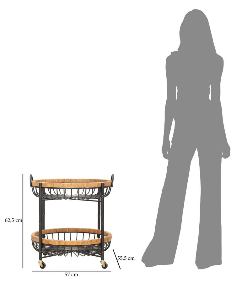 Carrello 2 Ripiani 57x55,5x62,5 cm con Ruote in Metallo e Rattan-8