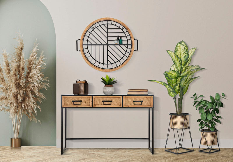 Mensola Rotonda da Parete 72,5x18x65 cm in Metallo e Rattan-6