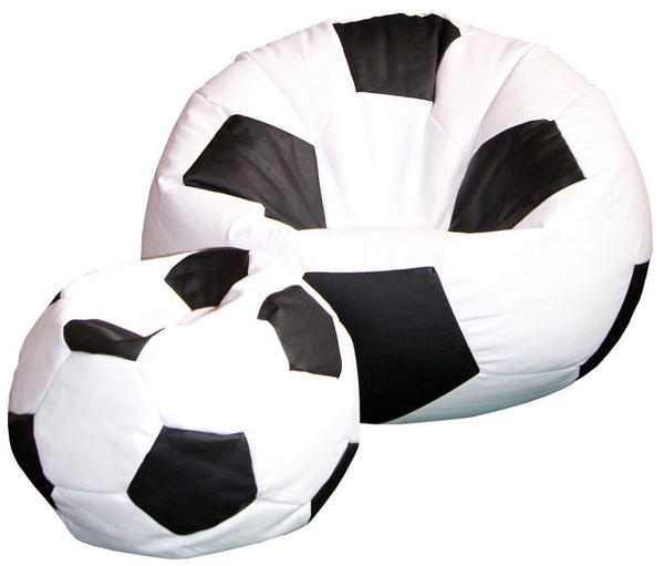 sconto Bean Bag Hocker Ø100 cm aus Kunstleder mit Fußstütze Baselli Fußball schwarz und weiß