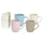 Set aus 4 farbigen Tassen mit weißem Kaleidos-Steinzeug-Milchkännchen