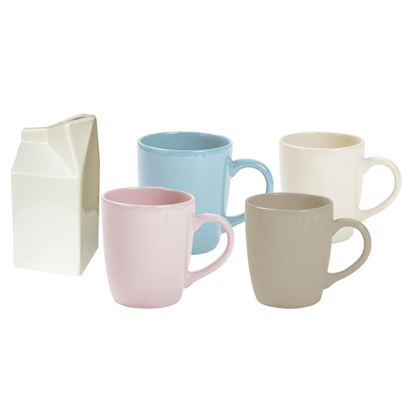 Set aus 4 farbigen Tassen mit weißem Kaleidos-Steinzeug-Milchkännchen sconto
