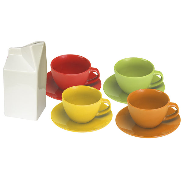 sconto Set mit 4 farbigen Tassen und Untertassen mit weißem Kaleidos-Steinzeug-Milchkännchen