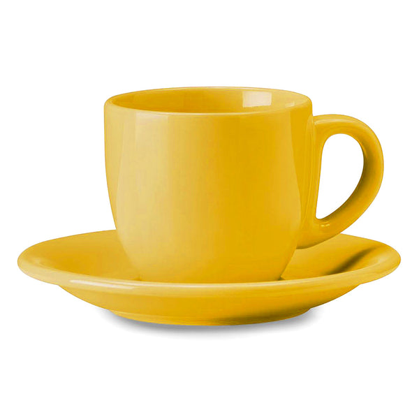 online Cappuccino-Teetasse mit gelbem Kaleidos-Steingutteller