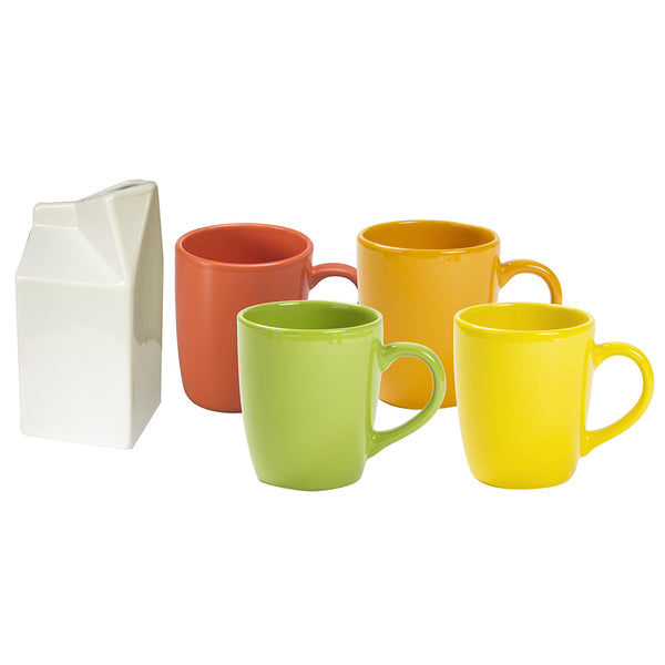 Set aus 4 farbigen Tassen mit weißem Kaleidos-Steinzeug-Milchkännchen acquista