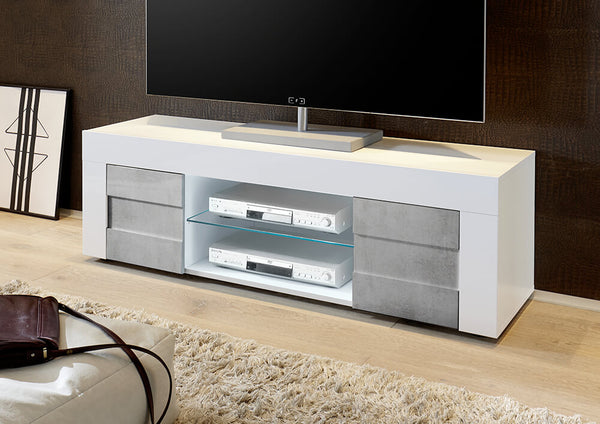 online TV-Schrank 2 Türen 2 Nischen mit Regal 138 x 42 x 44 cm TFT-Bauweise in glänzendem Weiß und Zement